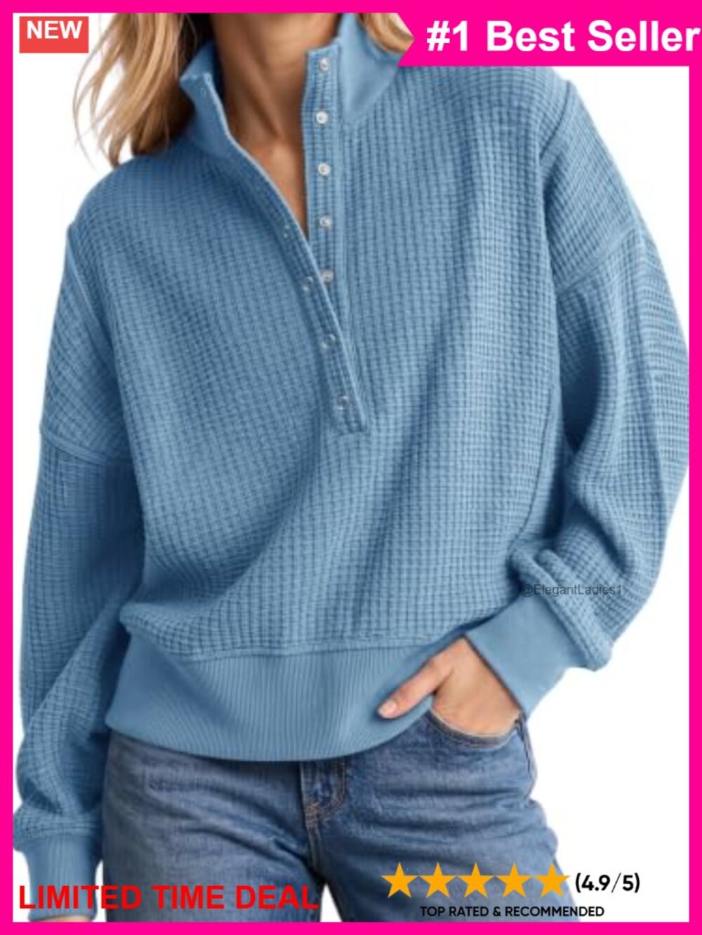 Waffle Knit Oversized Button Henley Pullover Sweatshirt